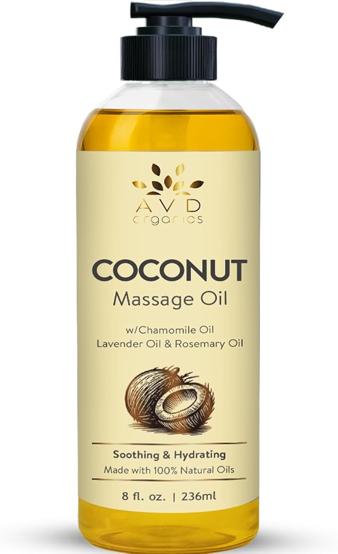 AVD Organics Coconut Massage Oil 236 ml |Infused with Chamomile Lavender and Rosemary | Cold Pressed Oil for Aromatherapy | Skin Nourishment Body | Ideal for DIY | 8 fl.oz