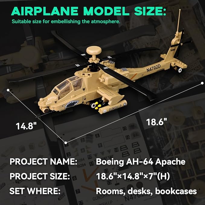 ArtorBricks AH-64 Apache Airplane Military Building Set with Display Stand - 183-Piece Model Kit for Adults, Collectors & Enthusiasts, Premium Gift Box Packaging for Holiday & Birthday Present