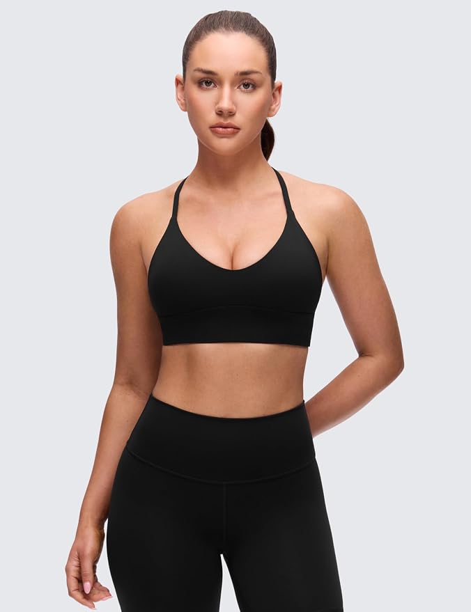 CRZ YOGA Butterluxe Thin Straps Cross Back Longline Sports Bras for Women - Padded V Neck Yoga Crop Top