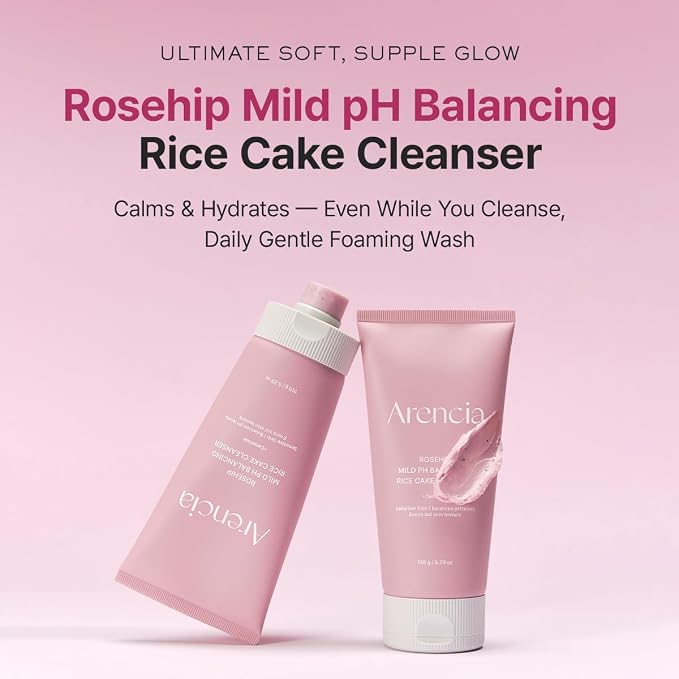 ARENCIA Rosehip Rice Cake Cleanser, pH Balancing Face Wash with Ceramide for Sensitive Skin, 150ml / 5.07 fl oz