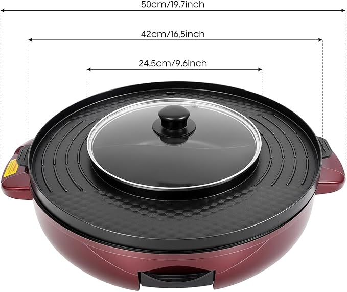 Hot Pot with Grill,2000W 2 in 1 Electric Hot Pot Grill Cooker with Dual Temperature Control,Multifunctional Smokeless Shabu Shabu Pot Indoor Grill for 2-5 People (Red)