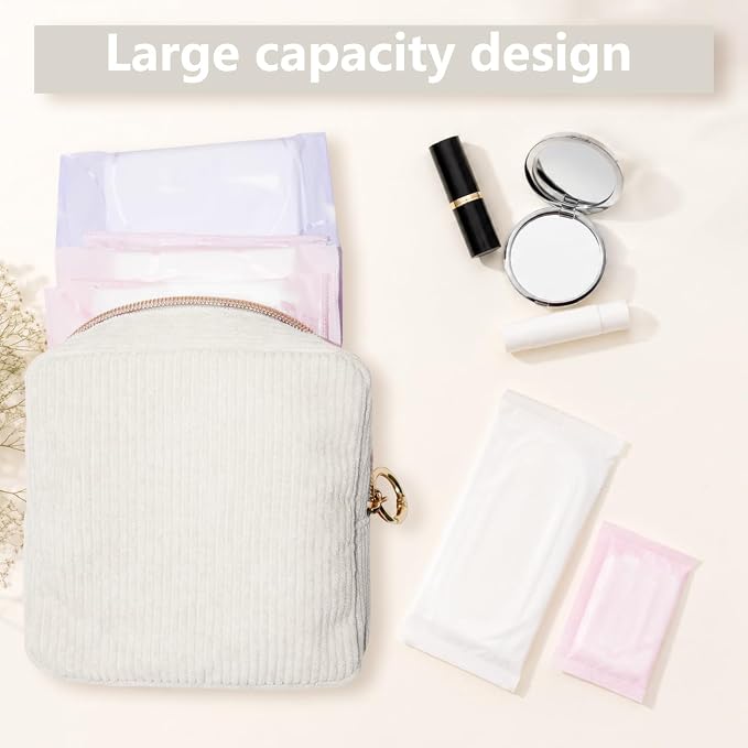 Period Bag for Girls, Corduroy Period Kit with Sanitary Pad Pouch, Menstrual Storage Bag and Tampon Holder for Purse, Girls School Essentials,Feminine Care Organizer(Beige)