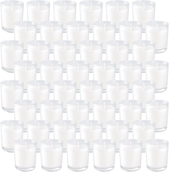 Set of 48 White Votive Candles,Unscented Candles Filled in Clear Glass,Ideal Gift for Weddings,Emergency Lighting,Aromatherapy,Holidays,Meditation,Parties