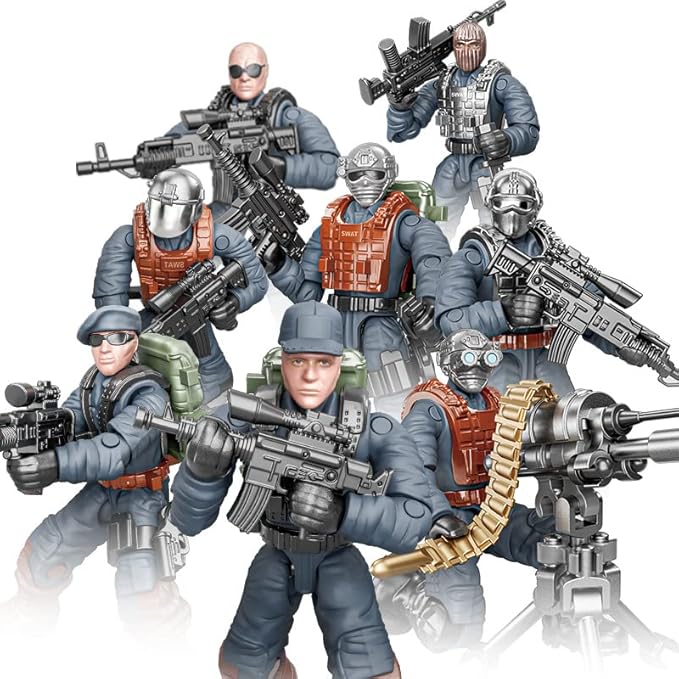 SWAT Mini Military Action Figure with Weapons and Accessories Building Blocks Playset, 8 PCS 1:36 Scale Police Figure, Multiple Movable Joints, Best Gift for Kids 8 9 10