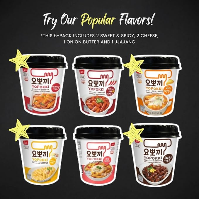 Yopokki Instant Tteokbokki Rice Cakes Korean, Variety Topokki Cup - Great with Cheese and Ramen Toppings, Korean Snacks for College Dorm, Korean Street Food Quick & Easy to Prepare, Pack of 6