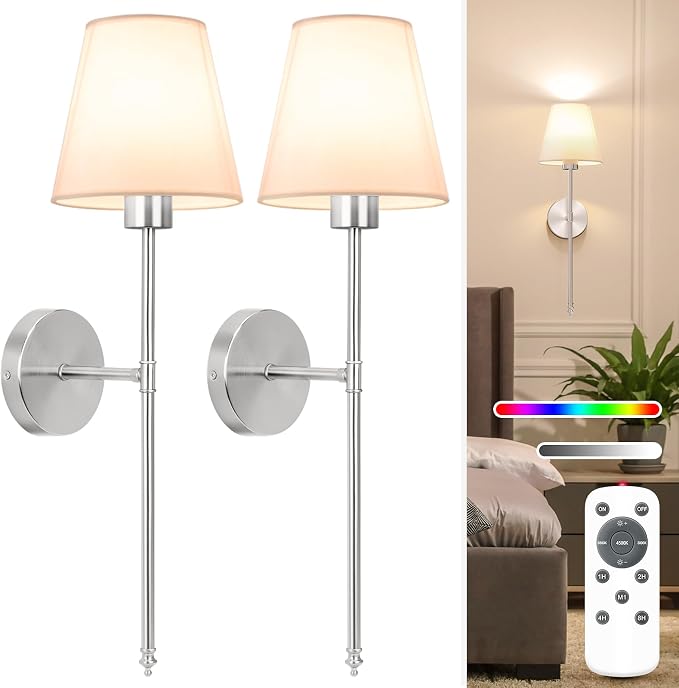 Battery Operated Wall Sconce Set of 2,Brushed Nickel Rechargeable Wall Lights with 10400mAh Dimmable Detachable Bulbs and Remote, 10 Colors Wireless Sconces for Bedroom Living Room Hallway