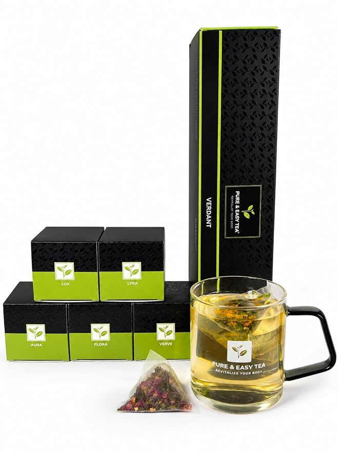 Pure And Easy Tea, Verdant Green Tea Sampler, 5 Whole Leaf Green Tea Blends, Premium Green Tea Gift Set, 15 BPA-Free Plant-Based Tea Bags (52.5g)