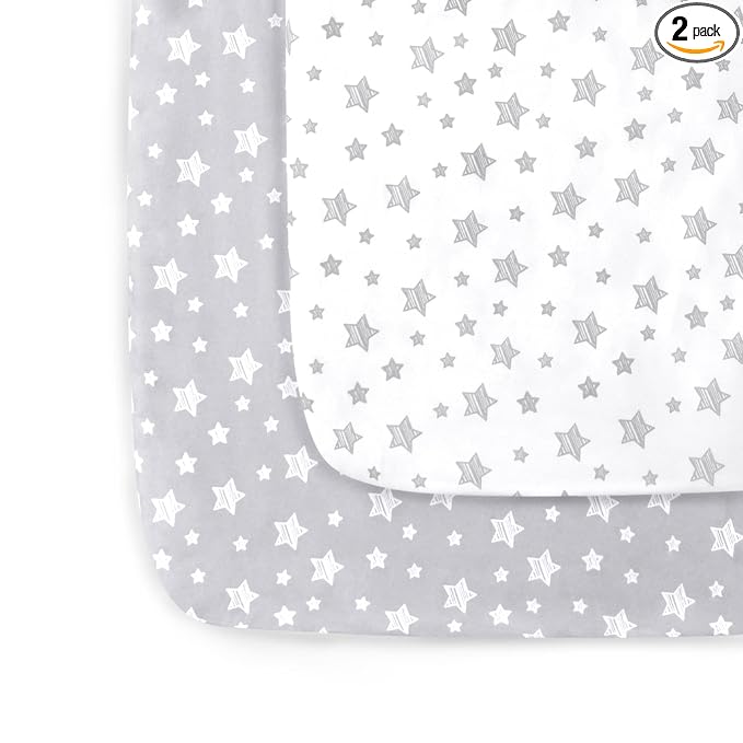 Pack and Play Sheets, 2 Pack Mini Crib Sheets, Stretchy Playard Fitted Sheet, Compatible with Graco Pack n Play, Soft and Breathable Material, Grey & White