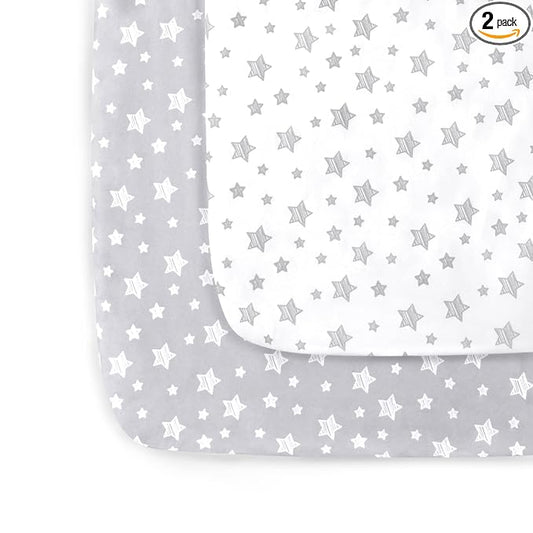 Pack and Play Sheets, 2 Pack Mini Crib Sheets, Stretchy Playard Fitted Sheet, Compatible with Graco Pack n Play, Soft and Breathable Material, Grey & White