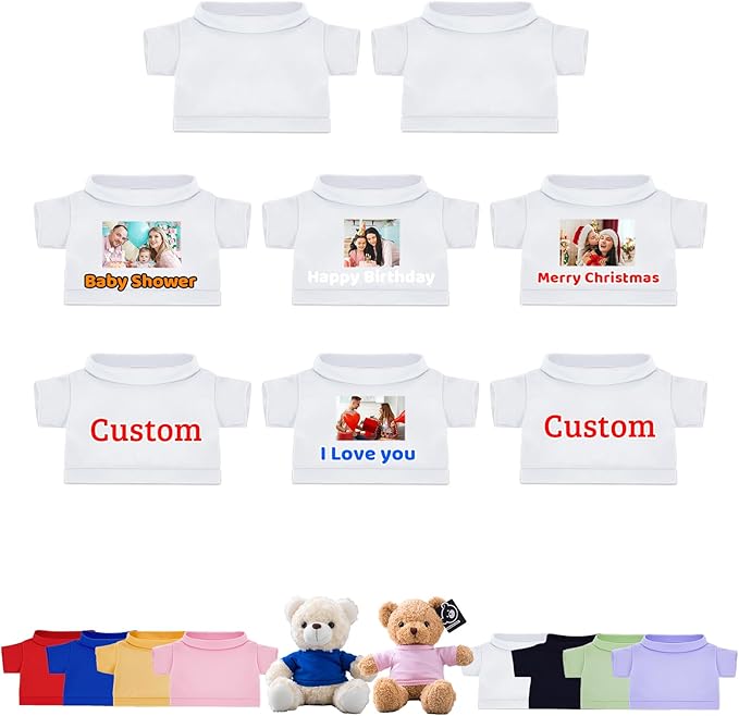 8 Pcs Custom Teddy Bear Clothes with Name Photo, Personalized Stuffed Animal Clothing Fit 8-16inch Stuffed Bear Clothing, Personalized Clothes for Teddy Bears Make Your Own Plush Doll Shirt