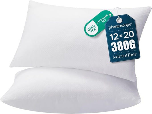 Phantoscope 12x20 Pillow Inserts, Throw Pillow Inserts for Couch, Pack of 2 | 100% Virgin Fiber Hypoallergenic Lumbar Pillow Soft Throw Pillow Inserts, Lightweight Throw Pillows for Couch Bed Pillows