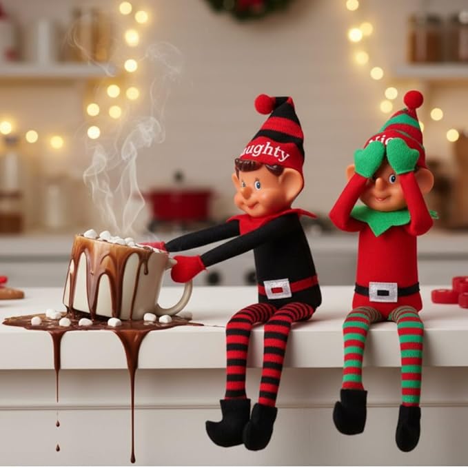 Toyland® Elves With Attitude Twin Pack Elf Soft Toys - 35cm (14") - Naughty & Nice Elves - The Ultimate Festve Duo - Knitted Hat & Legs - Vinyl Cheeky Face & Stick Together Hands - Festive Fun For All