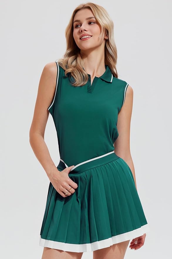 AFZ Tennis Outfits Polo Top and Color Blocked Pleated Tennis Dress Golf Outfits for Women Athletic Dress with Shorts