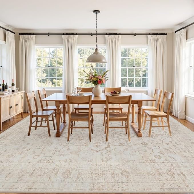 8x10 Area Rugs for Living Room: Vintage Boho Neutral Washable Rug Indoor Soft Large Area Rug Carpet for Bedroom Nursery Farmhouse Dining Room Office Floor Non-Slip Low Pile Under Table Rug Warm Beige