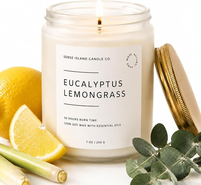 Eucalyptus Lemongrass Scented Candle with Citronella Essential Oil | Contains 6 Essential Oils | 50+ Hrs Long Lasting | Non-Toxic Soy Candle