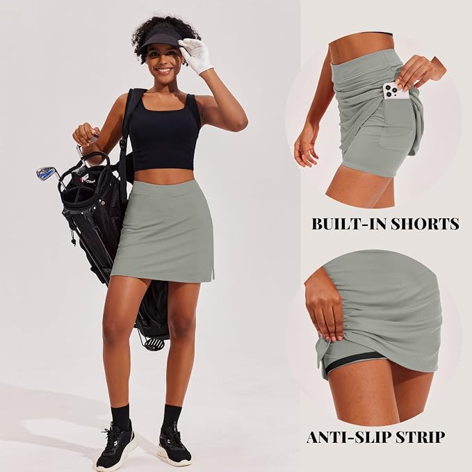 Ekouaer 16" Skorts for Women with Pockets Golf Pickleball Tennis Skirt | Silicone Grippers,2 Inner Pockets,Wide Waist,Side Slit Hem,Breathable,Soft,Lightweight