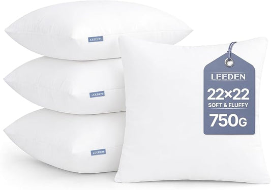 Leeden 22x22 Pillow Inserts Pack of 4, 22 Inch Throw Pillow Inserts, Soft Fluffy Decorative Square Pillow Inserts for Couch, Sofa, Bed, and Home Decor White Pillows