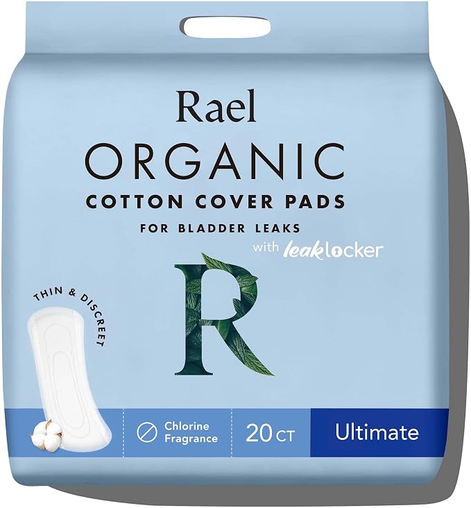 Rael Incontinence Pads for Women, Organic Cotton Cover, Postpartum Essential, Heavy Absorbency, Bladder Control, 4-Layer Core with Leak Guard Technology, Long Length (Ultimate, 20 Count)