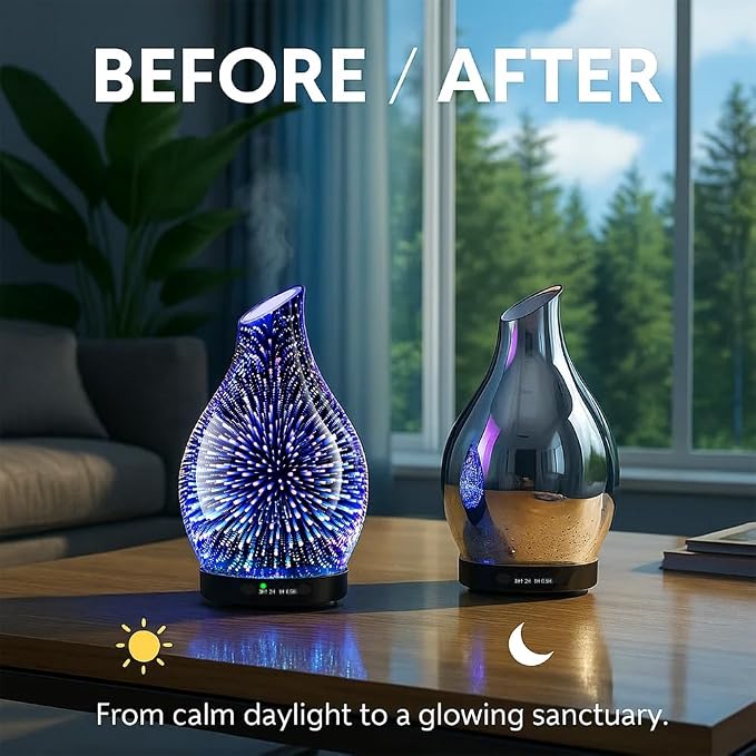 120ML Essential Oil Diffuser, 3D Glass Aromatherapy Diffuser with Auto Shut-Off and 7 Color LED Lights, Ultrasonic Mist Humidifier with 4 Timer for Home Office Bedroom (3D Fireworks)