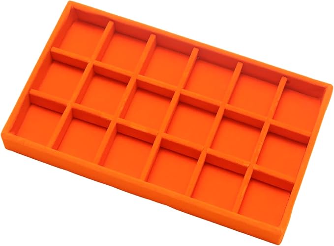 Velvet Jewelry Trays for Drawers, Orange 18 Grids | Stackable Jewelry Drawer Organizer Inserts, Ring Earring Holder Organizer Storage Display Tray with Removable Dividers