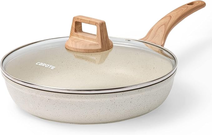 CAROTE Non Stick Frying Pan, 12 Inch Classic Granite Skillet with Glass Lid | Non Toxic Kitchen Stone Cookware, Compatible with All Stovetop, PFOA Free, Cream White