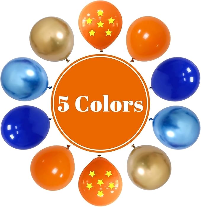 Orange Blue Balloons, 12 Inch Royal Blue and Matt Orange Metallic Gold Latex Balloons with Tangerine Star Printed Party Balloon for Kid Cartoon Theme Anime Birthday Outer Space Party Decoration