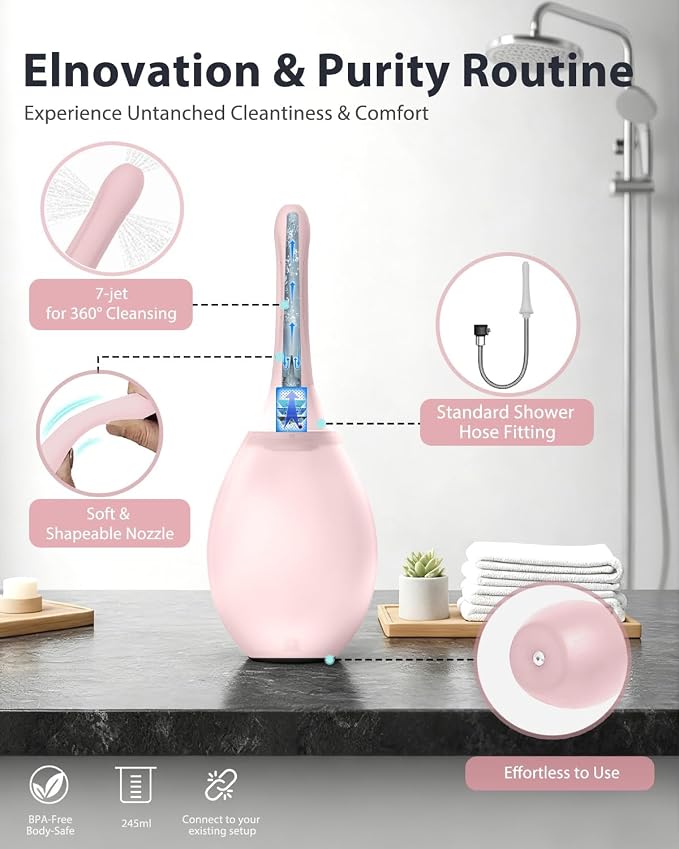 Enemas Anal Douches for Men Women - Enema Bulb with Soft Silicone Nozzles,Anti Backflow Shower Douche Enema Kit,Feminine Care Shower Enema Douche Kit Cleaner Flusher,Shower Tube Connectable,Pink