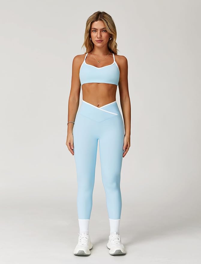 ABOCIW Workout Sets for Women 2 Piece Color Block Strappy Sports Bra High Waist Shorts Gym Yoga Pilates Outfits