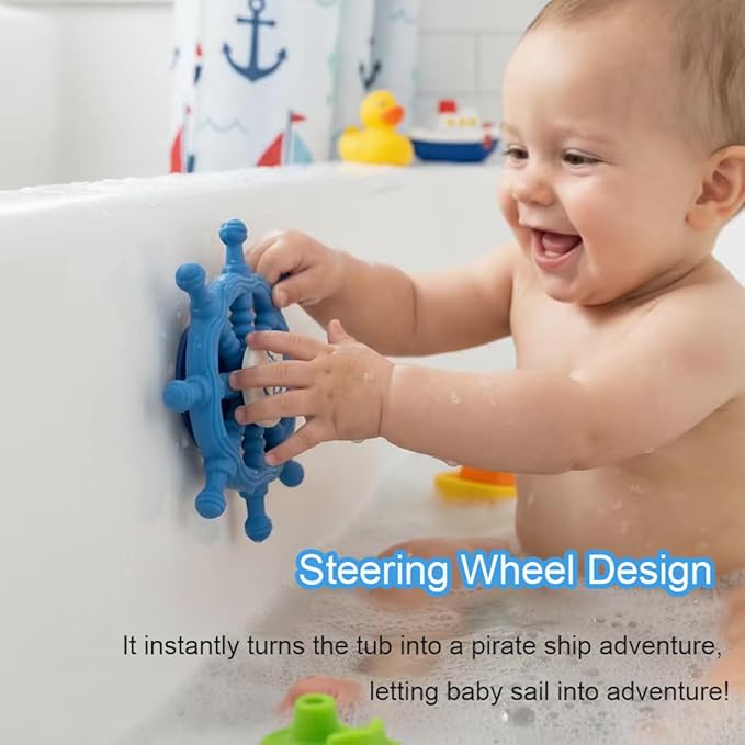 Baby Suction Spinner Toys for Bathtub, Silicone Toddler Bath & High Chair Toys for 1 Year Old Boy/Girl Birthday Gift, Interactive Ship Steering Wheel InfantToy for Car Window Travel