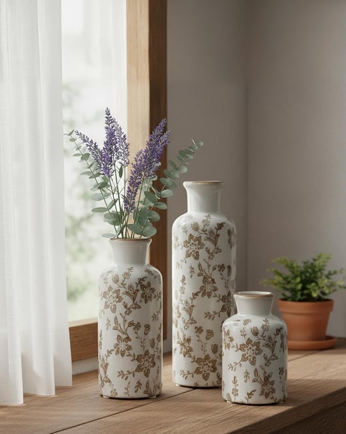 Brown Ceramic Vase Set of 3, Vintage Brown Floral Vases for Home Decor | Crackle glaze and distressed rims for living room mantels and dining table centerpieces
