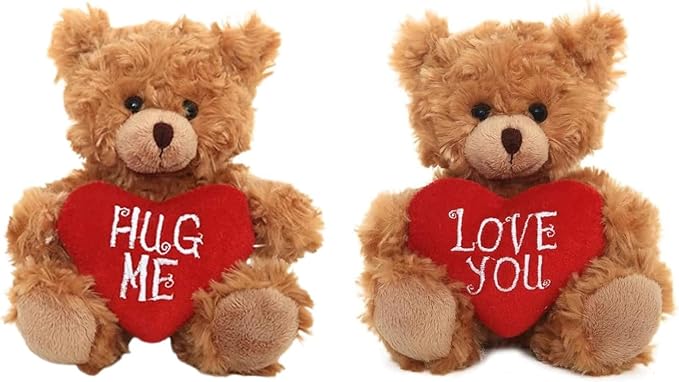 Plush Stuffed Animal Mocha Heart Bear – 2 Pack Hug Me & Love You Bears Set - Plush Toy for Kids & Adults Valentine's Day - Embroidered Red Heart Pillow - (9 inch Brown)