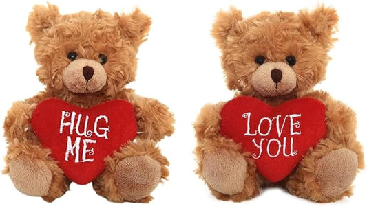Plush Stuffed Animal Mocha Heart Bear – 2 Pack Hug Me & Love You Bears Set - Plush Toy for Kids & Adults Valentine's Day - Embroidered Red Heart Pillow - (9 inch Brown)