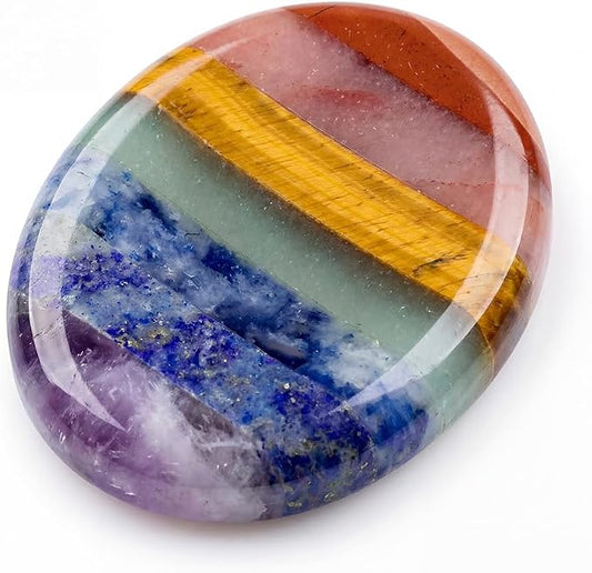 7 Chakra Thumb Worry Stone for Anxiety Relief - Natural Healing Crystals for Stress Relief, Meditation & Reiki - Oval Pocket Sensory Fidget Alleviate - Spiritual Birthday Gifts for Women & Mom