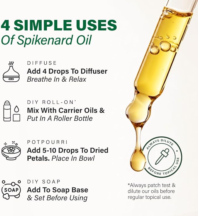 100% Pure Spikenard Oil - 1 Fl Oz Spikenard Essential Oil for Hair, Skin, Diffuser, Aromatherapy & DIY Soap Making Scent