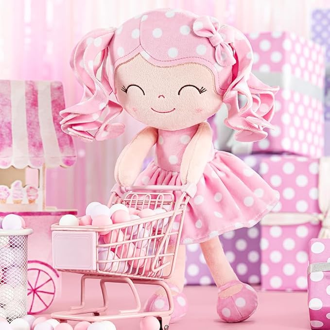 Gloveleya Personalized Baby Doll – Custom Name Plush Rag Doll, Pink Polka Dot Dress, Curly Hair, for Girls Birthday, Holidays & Keepsake, 12 Inches