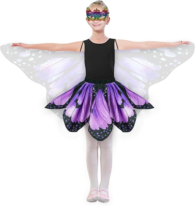 Kids Butterfly Wings Costume for Girls Fairy-Wings Toddler Dress Up Play Costumes Butterfly Skirt Set Mask Party Favors Gifts(Purple+skirt sets)