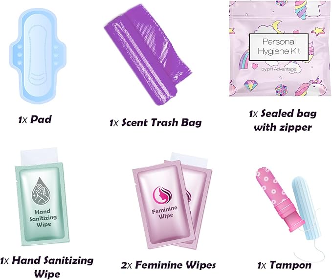 Menstrual Kit All-in-One | Convenience on The Go | Single Period Kit Pack for Travelling, Tweens & Teenagers | Individually Wrapped Feminine Hygiene Products (Rainbows and Unicorns)