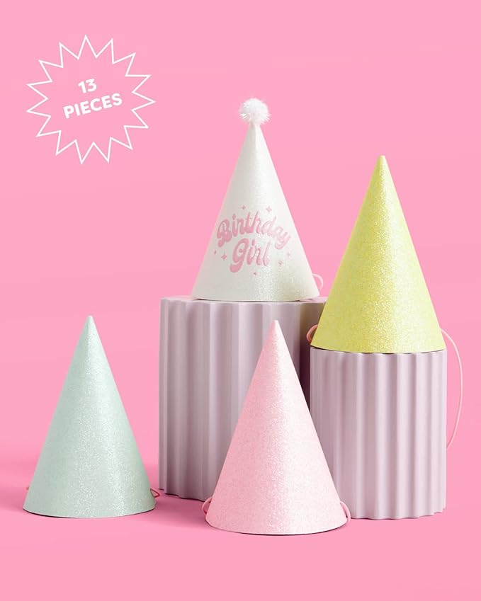 xo, Fetti Birthday Party Hats - Fits Adult + Child - Pastel Rainbow Bday Party, Glitter Birthday Girl, Magical, Paper Party Crowns,
