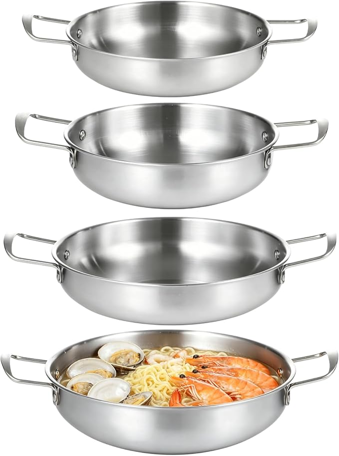 4Pcs Korean Ramen Pot Set,Stainless Steel Ramen Pot with Double Handles, 8.4-10.7 in Diameter Korean Noodle Pot Golden Soup Pots & Cooking Pots for Stove,Pasta,Soup (Silver)