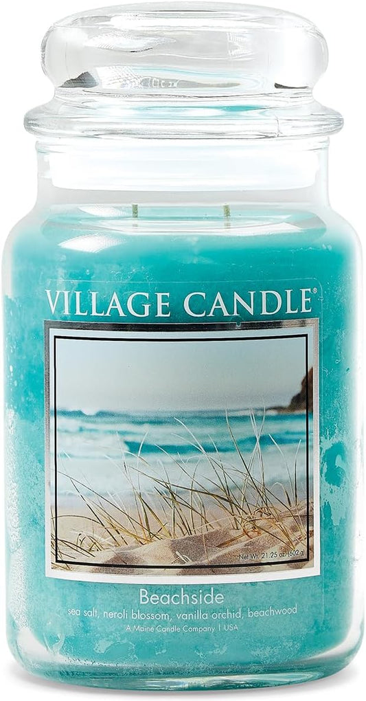 Village Candle Beachside Large Glass Apothecary Jar Scented Candle, 21.25 oz, Light Blue