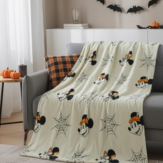 Jay Franco Kids Halloween Plush Throw Blanket – 50x70 Inch Ultra Soft & Comfy Fleece Throw for Couch, Sofa, Bed – Cozy Home Décor for Living Room & Bedroom, Beige - Mickey & Minnie Mouse