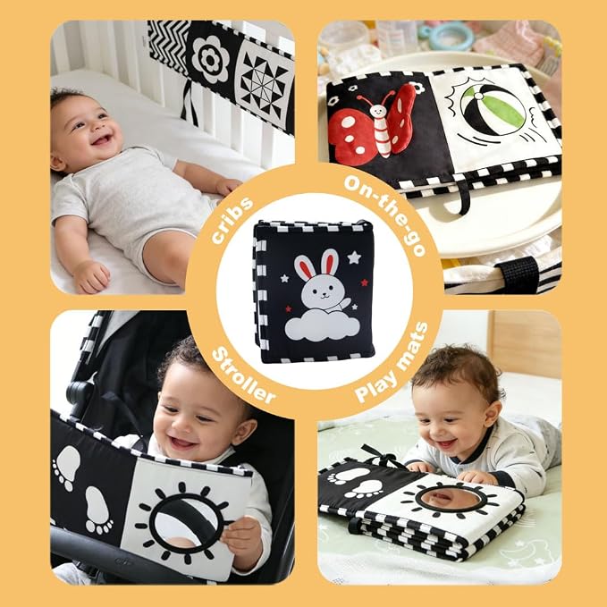 Aila+Aiden Baby Toys, Tummy Time High Contrast Newborn Toys 0-3 Months, Soft Cloth Foldable Baby Book, Visual Stimulation Montessori Sensory Infant Baby Book (Black White and Colorful)