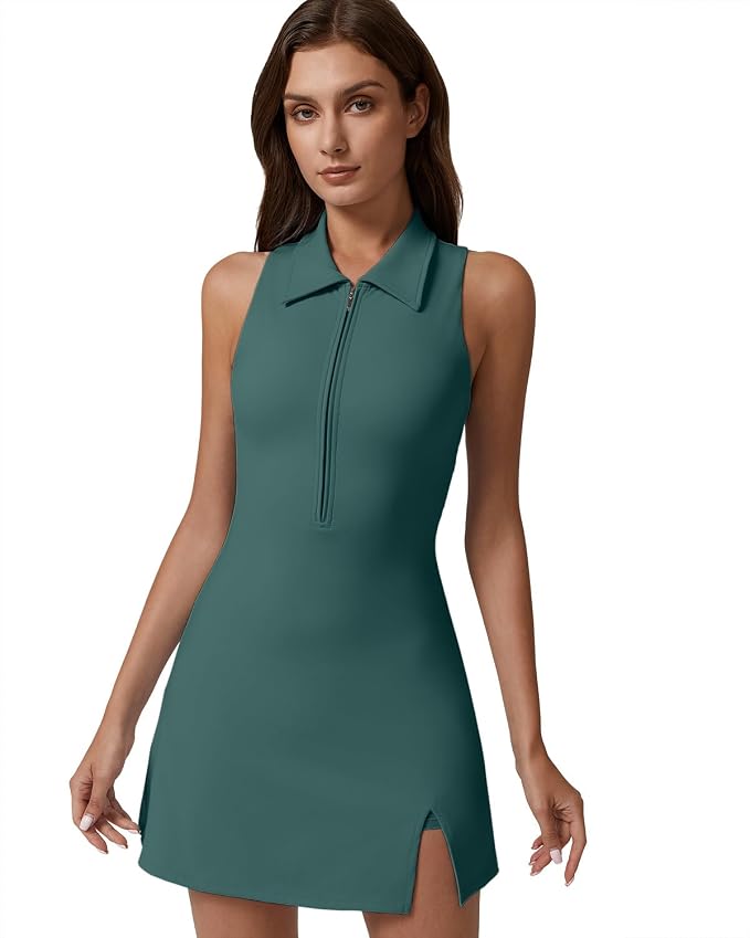 QINSEN Womens Zip Front Tennis Dress Polo Collar Racer Back Workout Golf Dresses Build in Shorts with Pockets