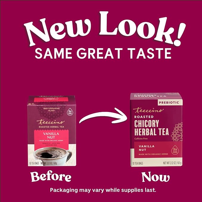 Teeccino Vanilla Nut Herbal Tea - Rich & Roasted Herbal Tea That’s Caffeine Free & Prebiotic for Natural Energy, 10 Tea Bags (Pack of 4)