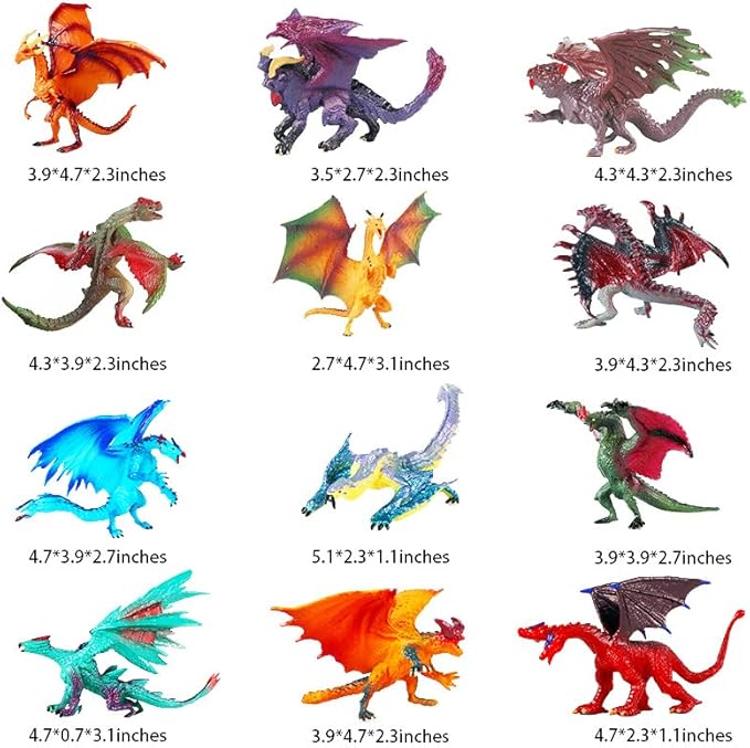 12 Pcs Mini Dragon Figurine Kit 3 Inch Realistic Hand Painted Dragon Models Plastic Magic Dragon for Birthday Party Favors Cupcake Toppers