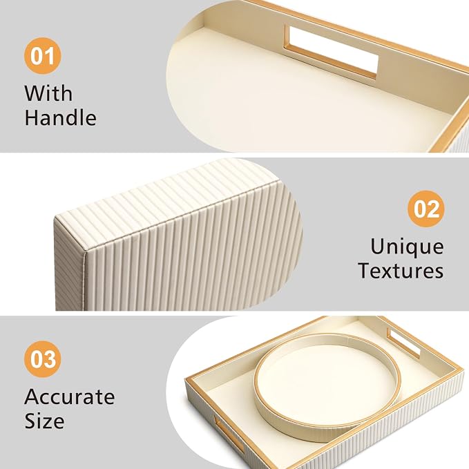 Leather Tray Desktop Storage Organizer, Rectangle Valet Tray, White | Premium Serving Trays with Handles, Decorative Tray Desk Organizer for Sundries Cosmetics Phone Wallet Keys Cutlery