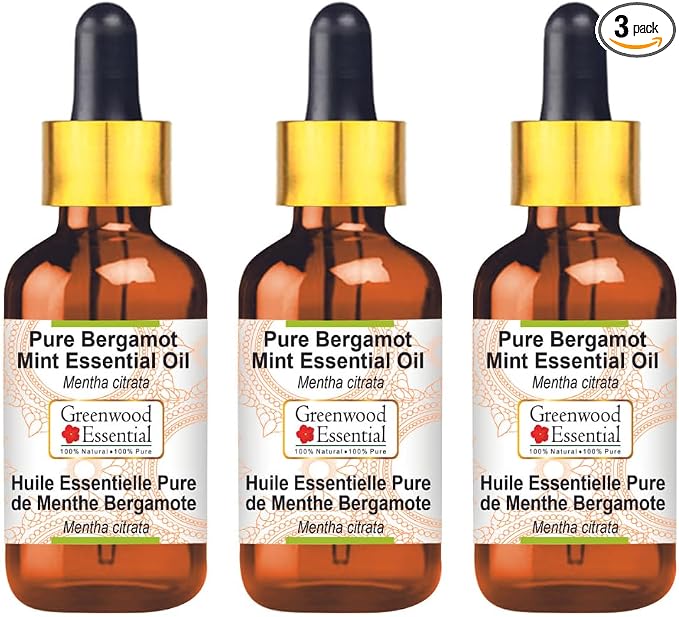 Greenwood Essential Pure Bergamot Mint Essential Oil (Mentha citrata) with Glass Dropper Steam Distilled (Pack of Three) 100ml X 3 (10.1oz)