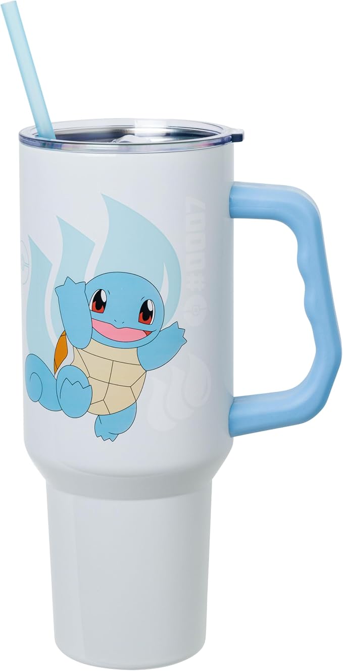 Silver Buffalo Pokémon Stainless Steel Tumbler with Handle Featuring Squirtle, Fits in Standard Cup Holder, 40 Ounces