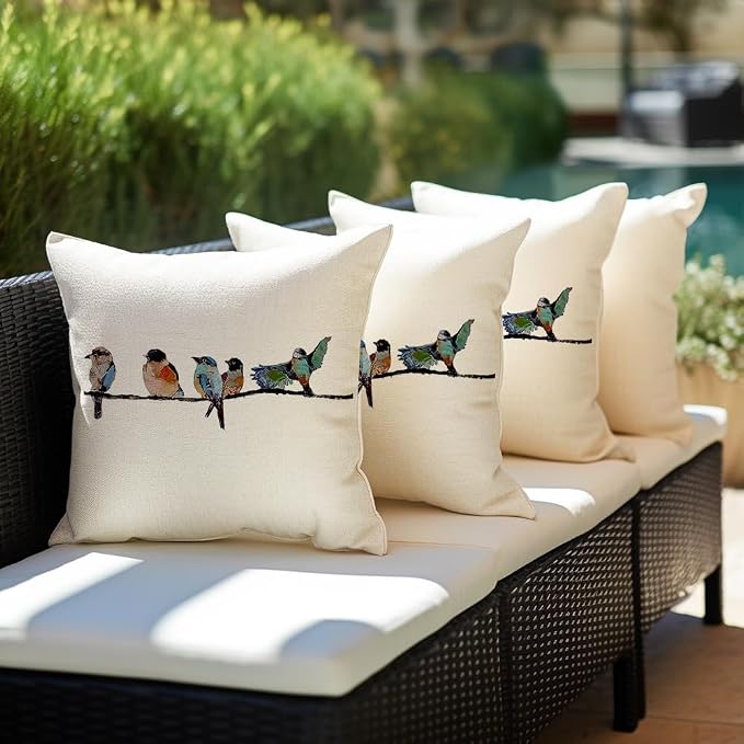 RABUSOFA 18x18 Outdoor Birds Pillow Decorative Throw Pillows,Small Throw Pillows for Couch,Hand-Painted Pillowcases Spring Summer Decorations Cushion Covers Cotton Linen for Sofa Teal Blue