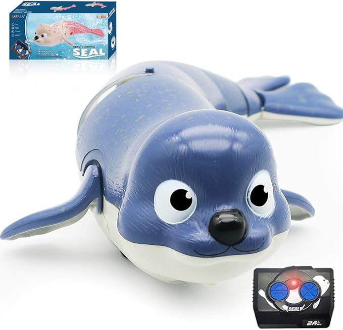 Pool Toys Amphibious Remote Control Lazy Seal 2.4Ghz Rechargeable Battery Cute Toys Robot Fish Remote Control Shark Car Bath Toys Interactive Crawling Toys for Toddler Kids 3,4,5 Years Old Boys Girls